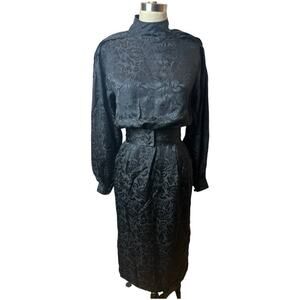 Silk Studio Black 100% Silk Floral Pattern Long Sleeve High Neck Dress Women's 4